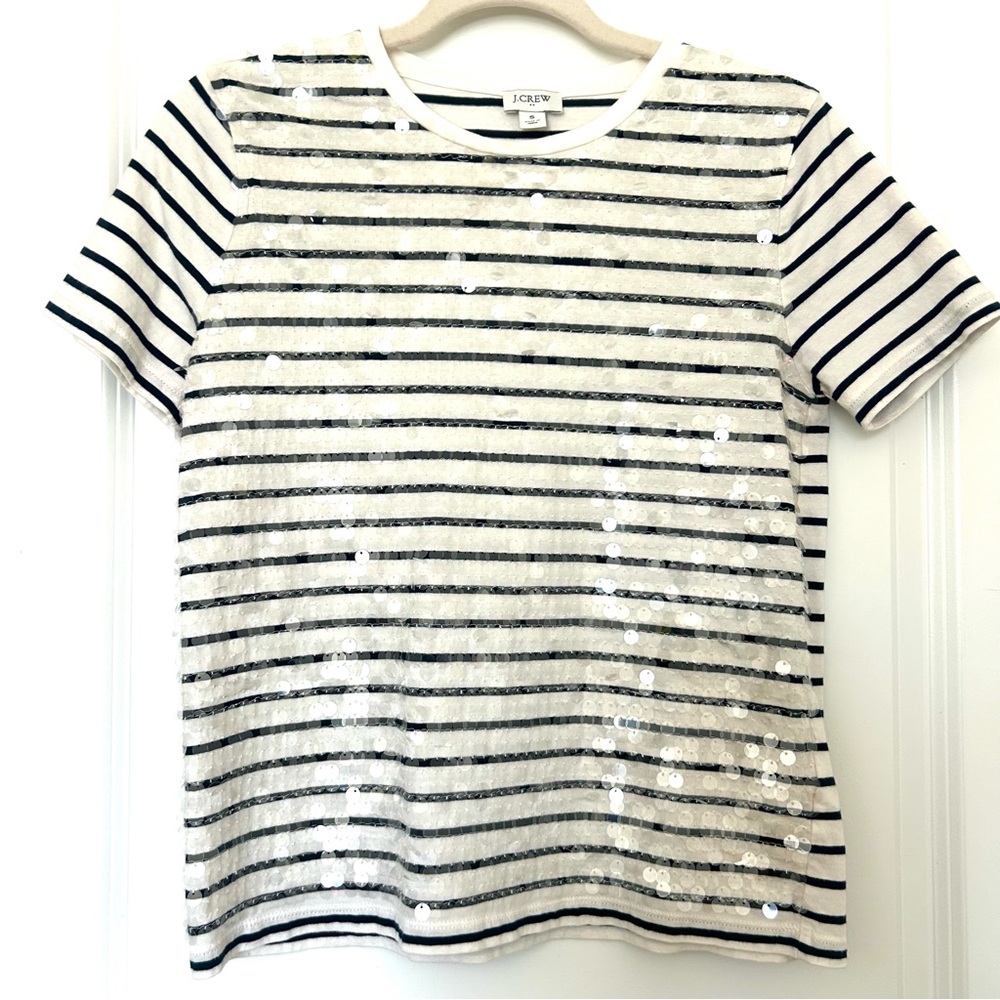 J. Crew Black and White Sequin Striped Tee